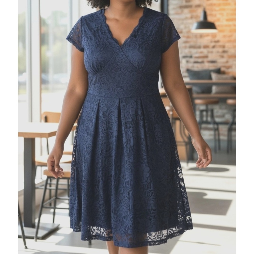 NWT Newtrend New Fashion Style Size 2XL Dark Blue Lace Fit & Flare Lined Dress